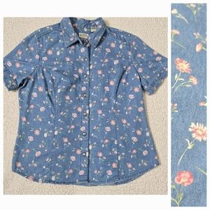 Vintage Classic Elements Floral Denim Short Sleeve Cotton Shirt Size MP